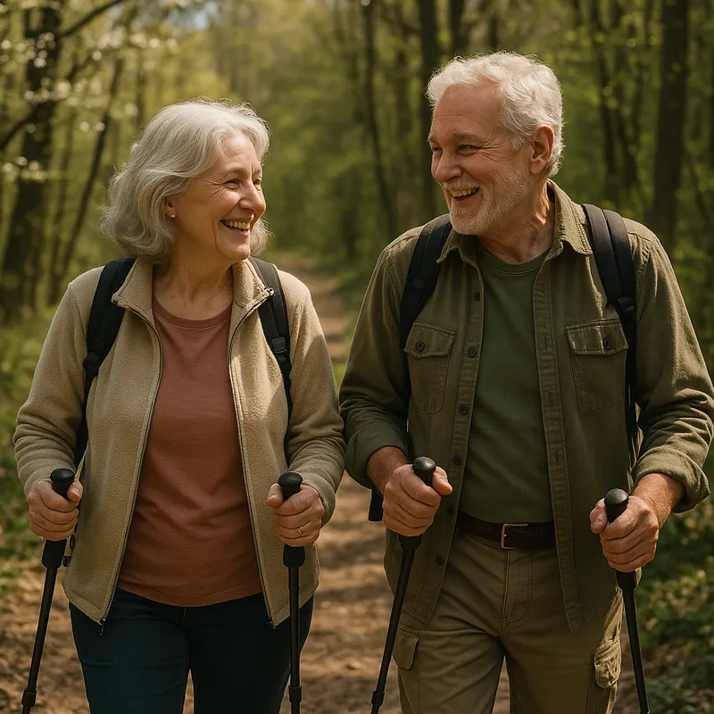 Older man and woman hiking together on a sunny spring day